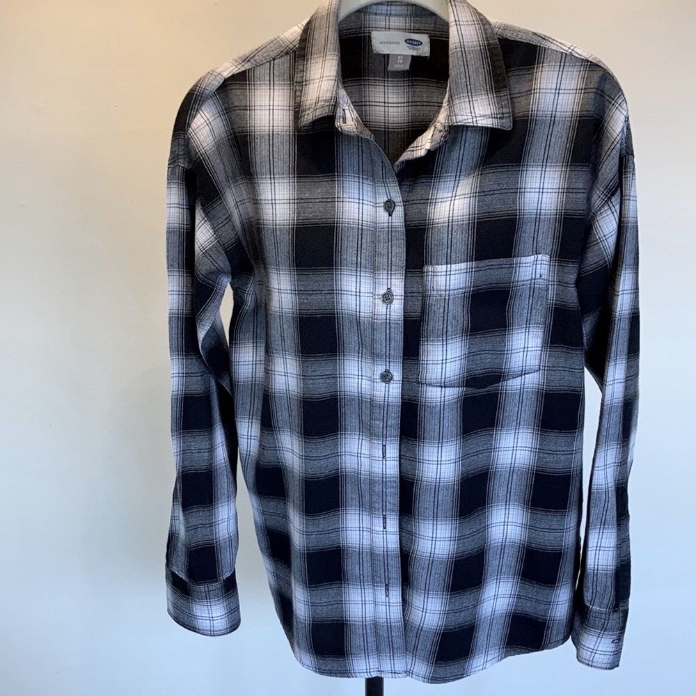 Old Navy Black White Boyfriend Flannel Shirt Sz XS
